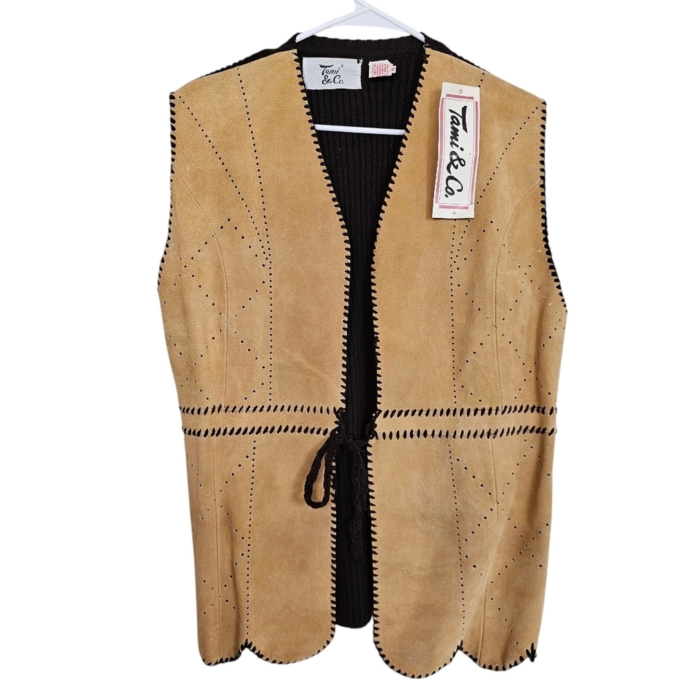 Vintage Southwestern Leather Eyelet Scalloped Tie Sweater Vest